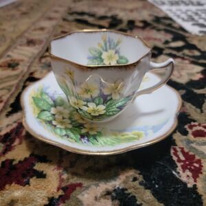 Rosina England Bone China Tea Cup Saucer Primrose Floral Gold Trim & Periwinkle